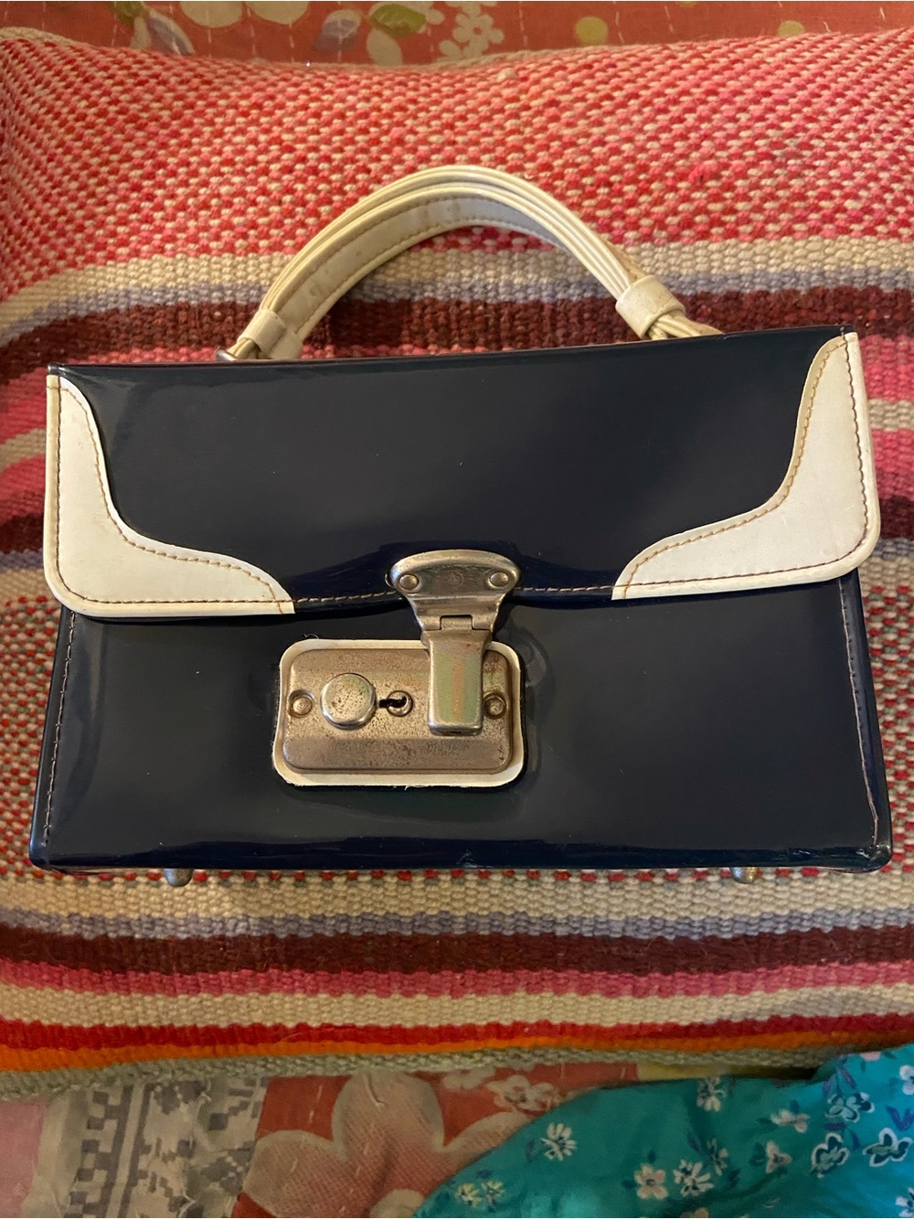 Vintage Navy and White Patent Top-Handle Mini Bag - Picture 10 of 13